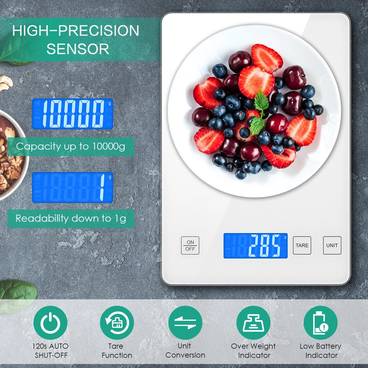 Digital Kitchen Scale 1g-10kg  Food Scale Waterproof Tempered Glass Platform High Accuracy Multi-Function Scale