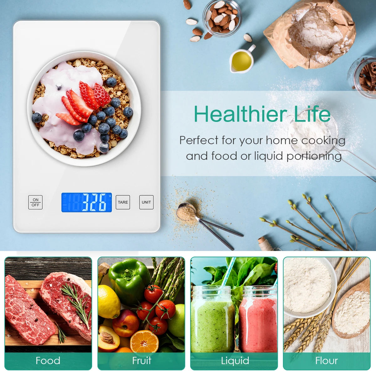 Digital Kitchen Scale 1g-10kg  Food Scale Waterproof Tempered Glass Platform High Accuracy Multi-Function Scale