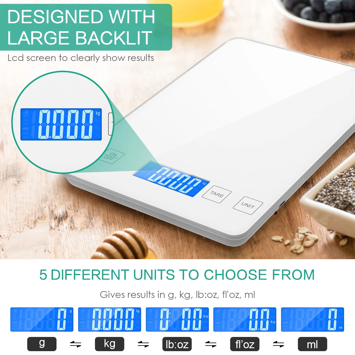 Digital Kitchen Scale 1g-10kg  Food Scale Waterproof Tempered Glass Platform High Accuracy Multi-Function Scale