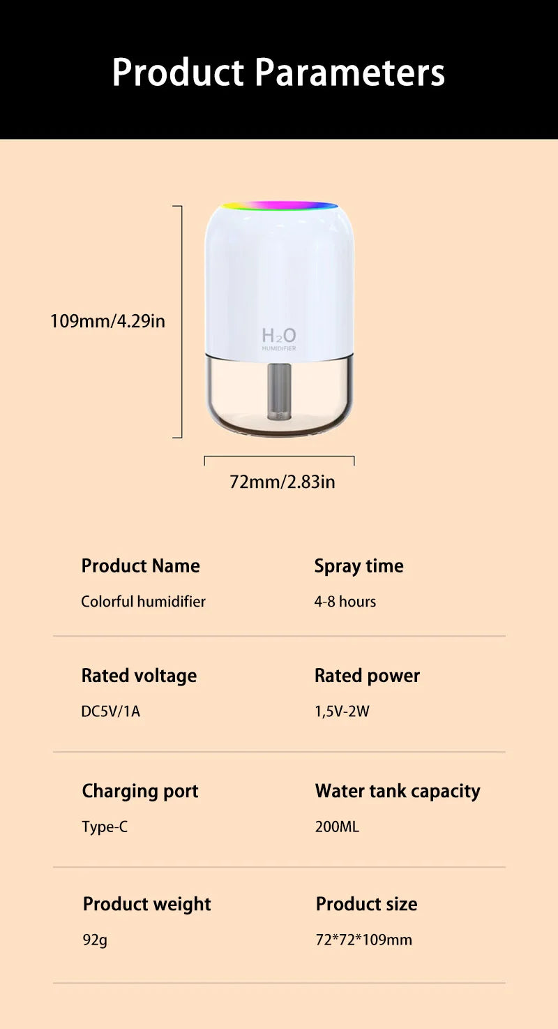 Mini Air Humidifier Household Quiet Moisturizing Bedroom Office Desktop Usb Small New Colorful Atmosphere Light Spray